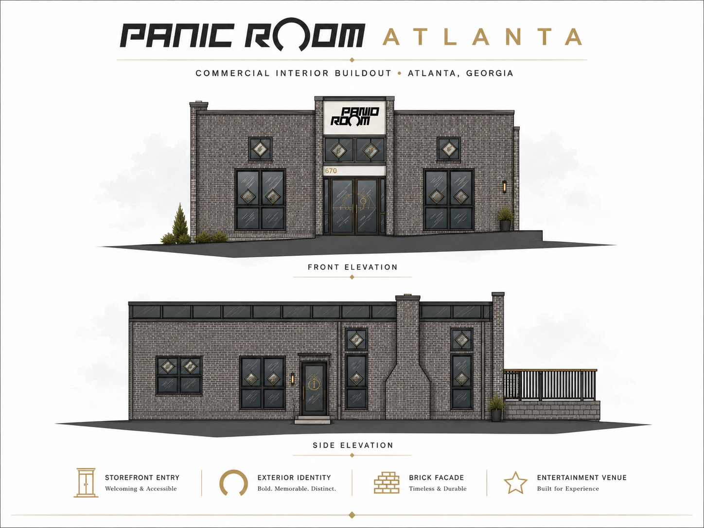 Panic Room Atlanta — architectural elevations of the commercial buildout